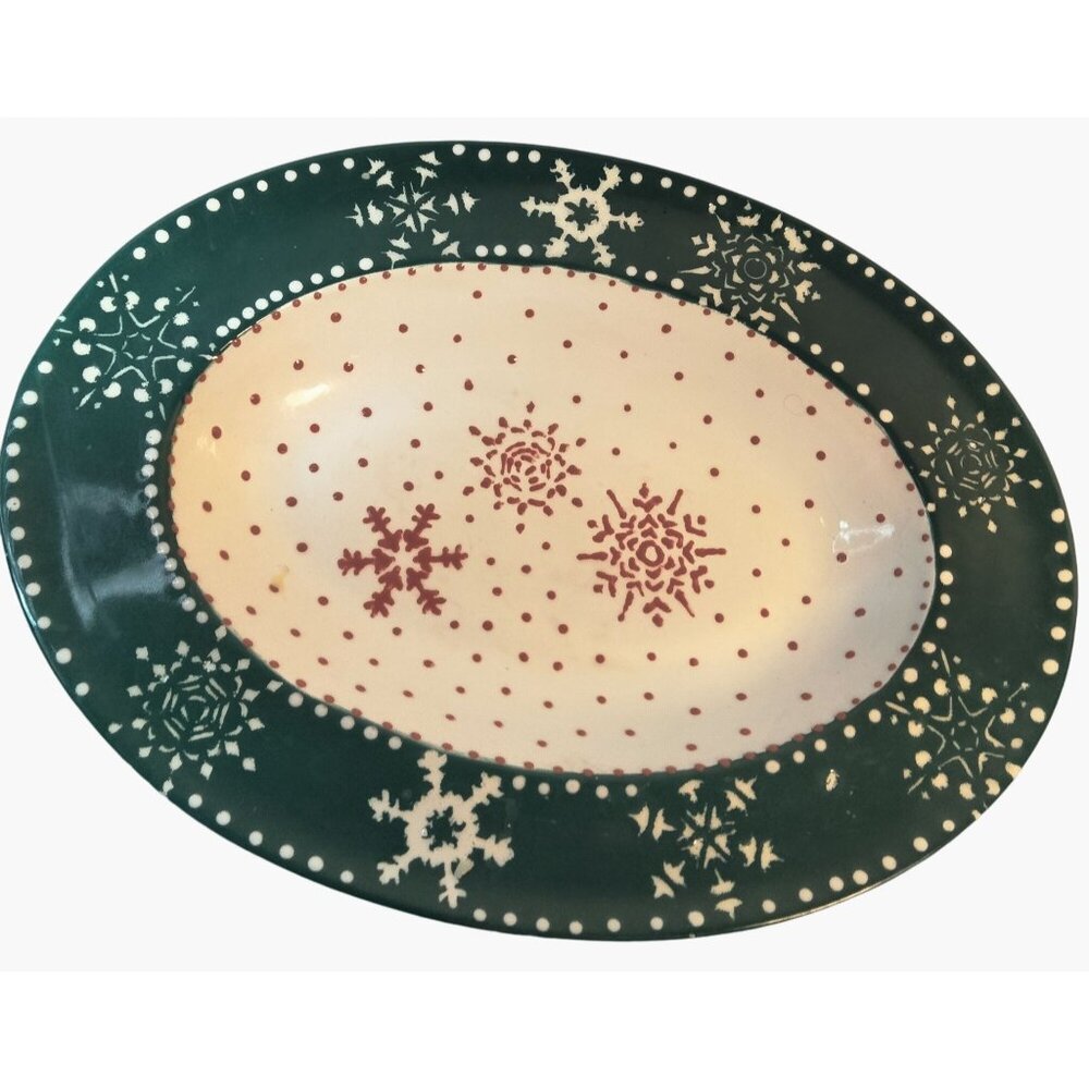 Christmas Snowflake Platter Oval Serving Green White Vintage 2003 Steamboat CO